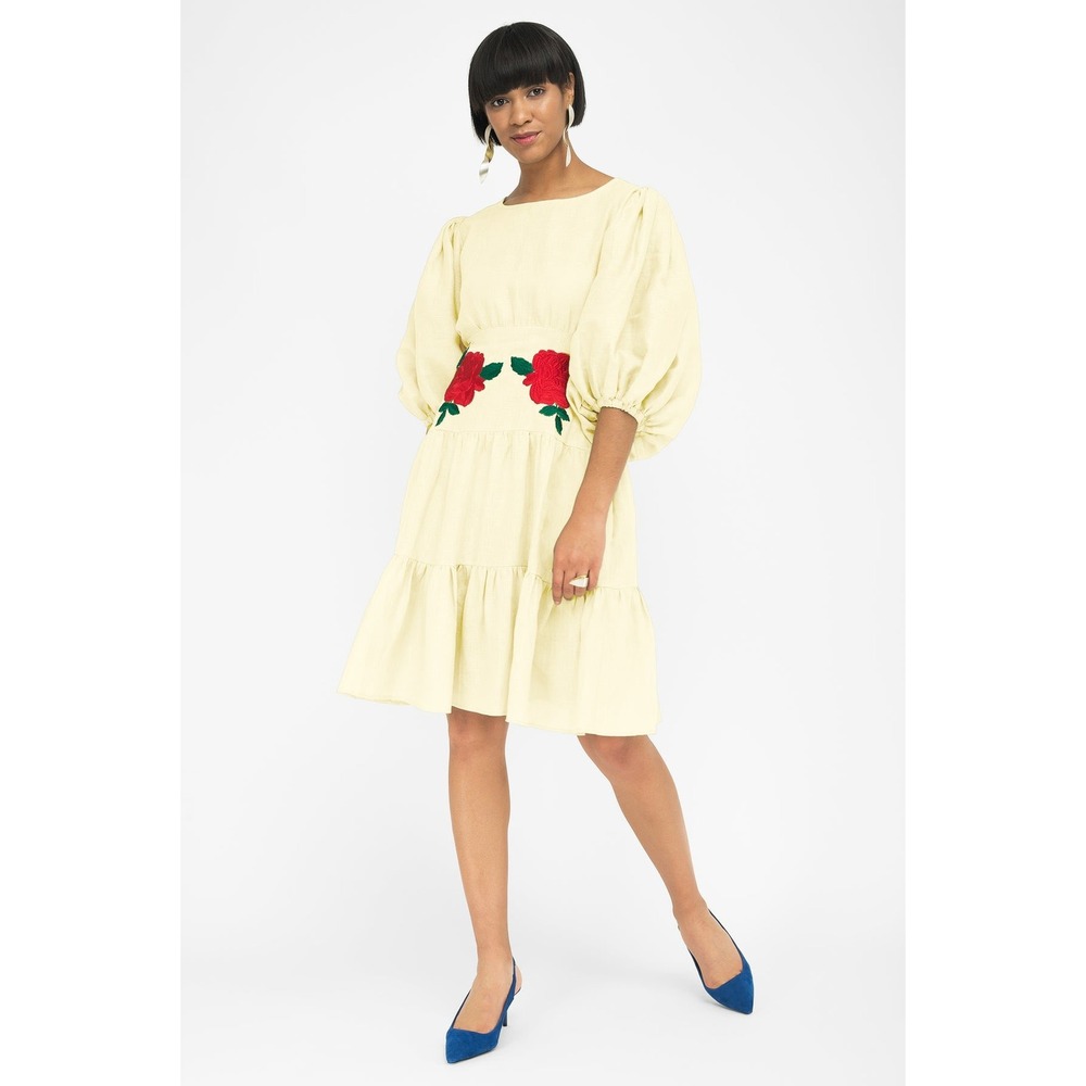 Fanm Mon Salda Embroidered Poplin Dress in Light Yellow | Small | NWT